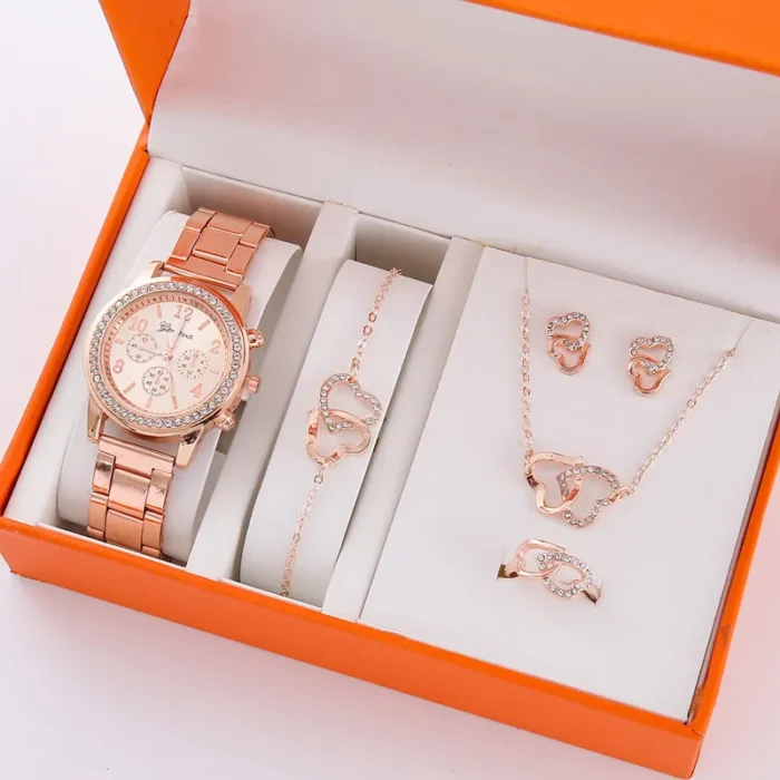 Womens Watches 5Pcs Set Luxury Rhinestone Women Fashion Elegant Wristwatch Quartz Watch For Girl WristWatch Bracelet Gift - Image 1