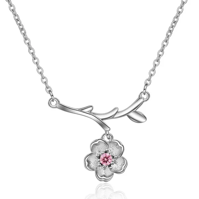 2019 Wedding Bridal Jewelry Sets 925 Sterling Silver Pink Crystal Cherry Blossoms Flower Necklaces Earrings Rings for Women - Image 3