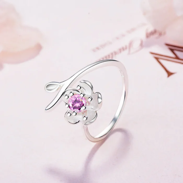 2019 Wedding Bridal Jewelry Sets 925 Sterling Silver Pink Crystal Cherry Blossoms Flower Necklaces Earrings Rings for Women - Image 4