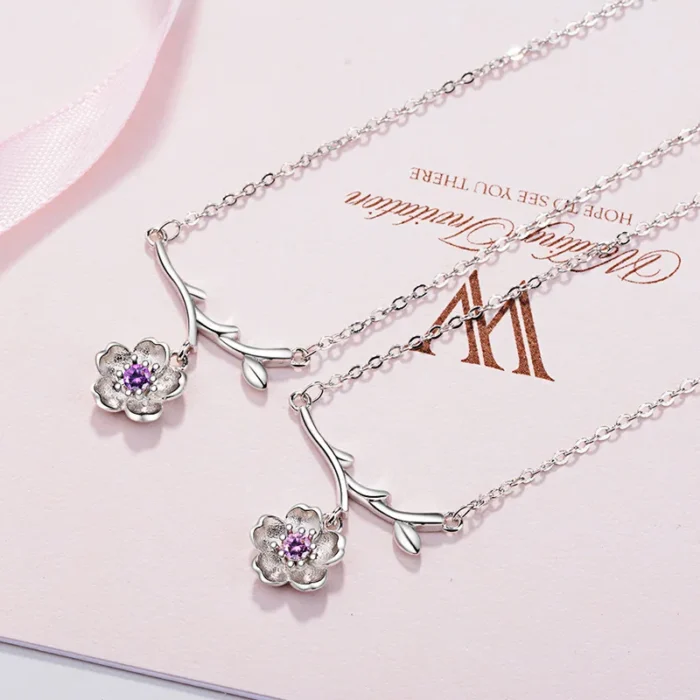 2019 Wedding Bridal Jewelry Sets 925 Sterling Silver Pink Crystal Cherry Blossoms Flower Necklaces Earrings Rings for Women - Image 2