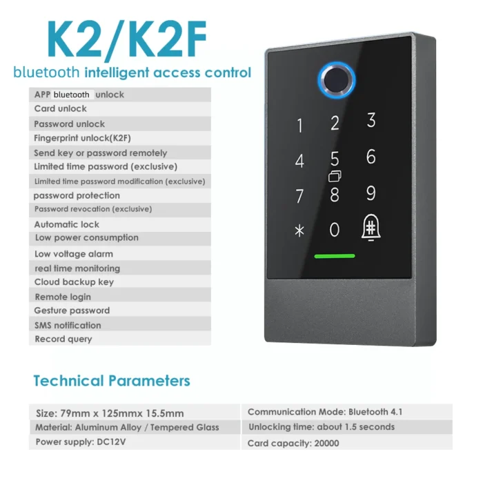 TTlock Bluetooth Access Control System - K2/K2F Wifi Gateway Lock with Fingerprint Reader Keypad Card Reader 13.56MHZ App Door - Image 3