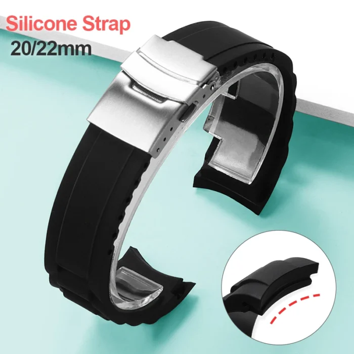 Curved End Silicone Watch Band 20mm 22mm Soft Rubber Watch Strap Folding Buckle for Men Watch Replacement Universal Bracelet - Image 1