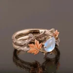 Vintage Antique Gold Twig Maple Leaf Moonstone Ring for Women Girls Light Luxury Ring Jewelry Accessories Anniversary Gifts - Image 3