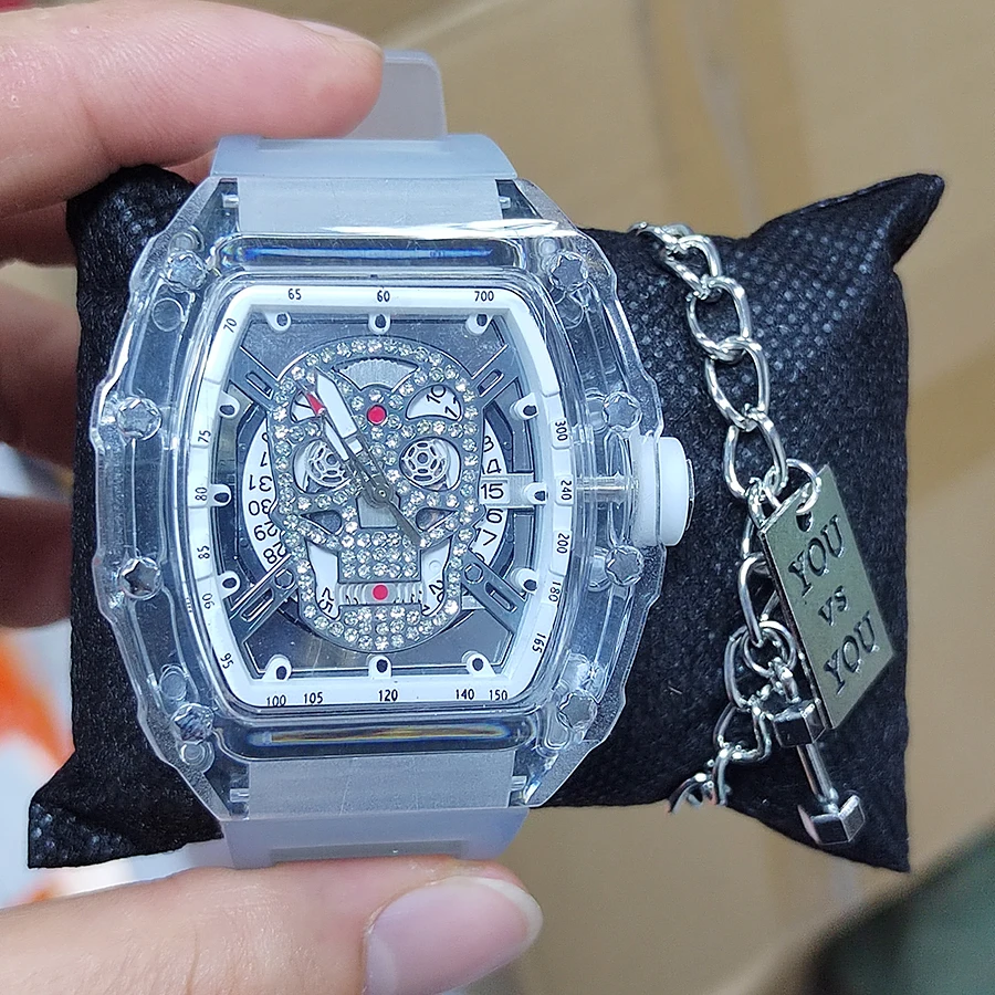 kf-S14fed6aaad7242059deca196854eb92c2 YIKAZE Luxury Quartz Men's Wristwatch Sports Watch for Man Non-Mechanical Trend Automatic Transparent Ghost Head Skull Clock - Image 1