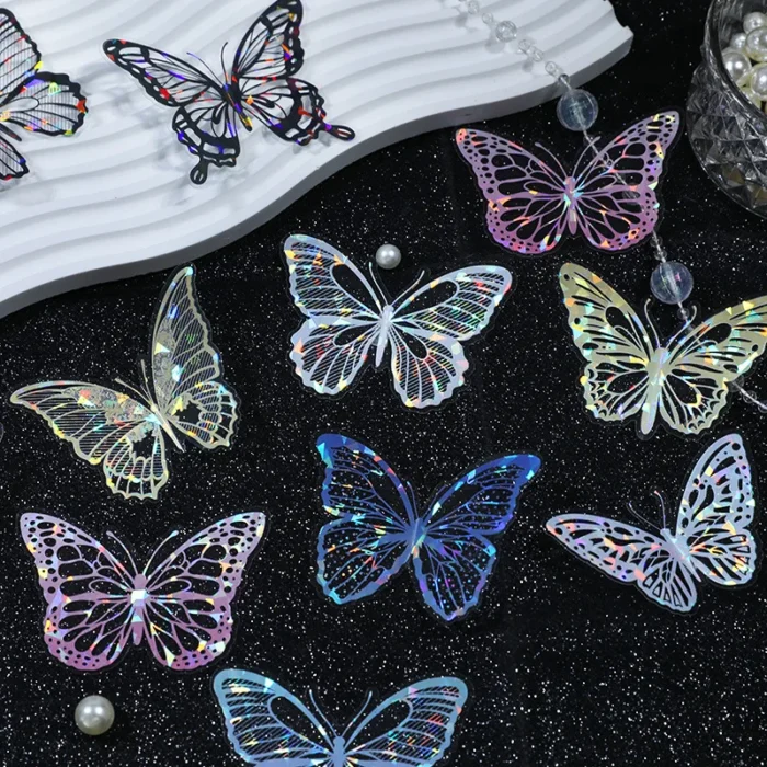 20pcs PET Butterfly Transparent Silver Color Stickers, Holographic Laser Decals for Luggage Laptop Phone Case Mug Decoration - Image 2