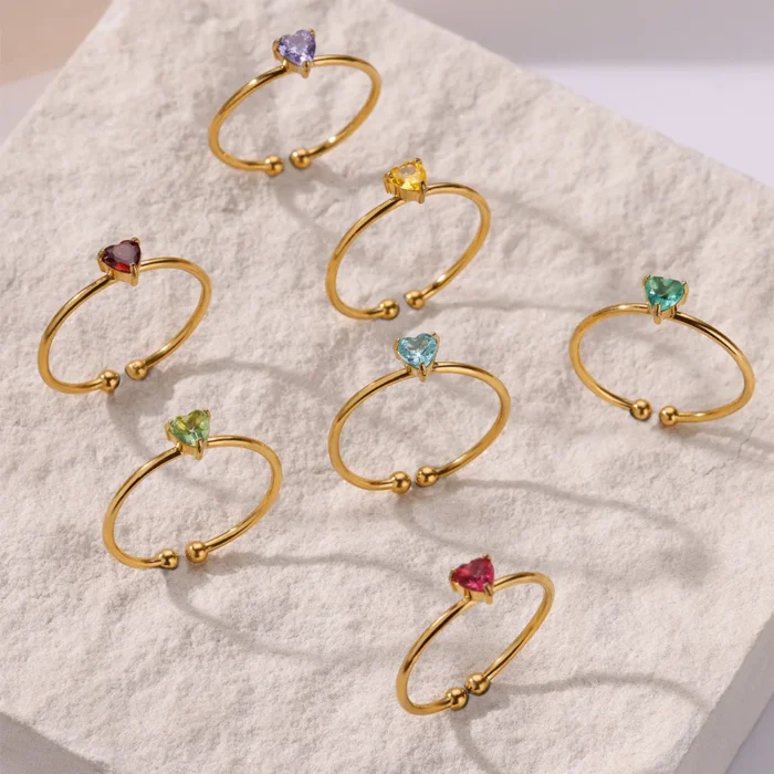 Zircon Heart Birthstone Rings For Women Gold Color Adjustable Stainless Steel Birthstone Heart Ring Wedding Jewelry Gift BFF - Image 5