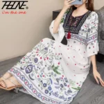 Women Dress Indian Loose Bohemian Korean Style Long Tassels Casual Vintage High Waist Round Neck Floral Robe Vestidos Para Mujer