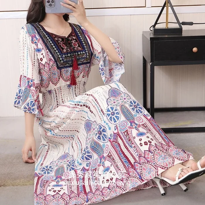 Women Dress Indian Loose Bohemian Korean Style Long Tassels Casual Vintage High Waist Round Neck Floral Robe Vestidos Para Mujer - Image 6