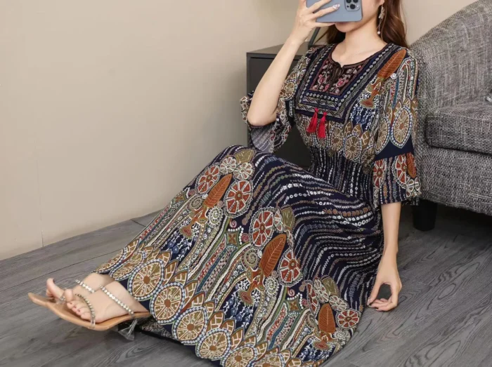 Women Dress Indian Loose Bohemian Korean Style Long Tassels Casual Vintage High Waist Round Neck Floral Robe Vestidos Para Mujer - Image 2