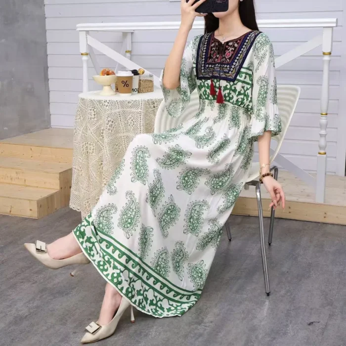 Women Dress Indian Loose Bohemian Korean Style Long Tassels Casual Vintage High Waist Round Neck Floral Robe Vestidos Para Mujer - Image 5