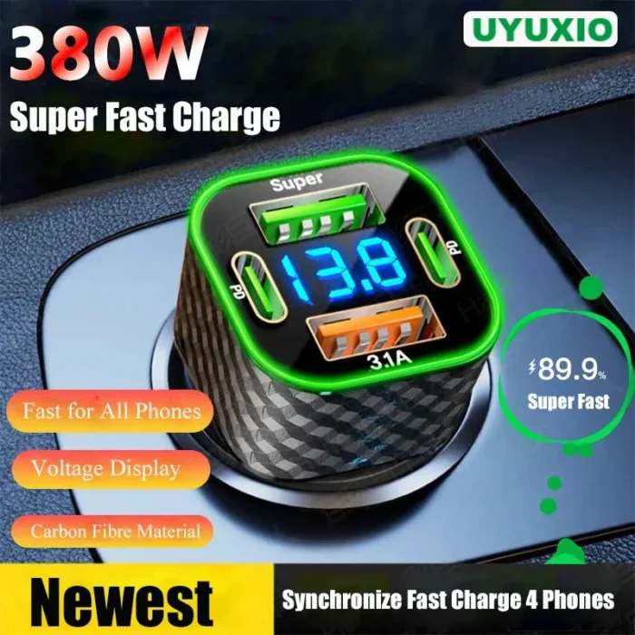 UYUXIO USB C Car Phone Charger Dual PD 4 in 1 with Voltage Display Super Fast Charge Adapter for iPhone Xiaomi Oppo Vivo Samsung - Image 1