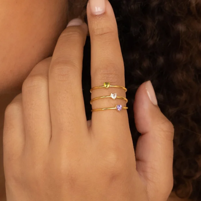 Zircon Heart Birthstone Rings For Women Gold Color Adjustable Stainless Steel Birthstone Heart Ring Wedding Jewelry Gift BFF - Image 2