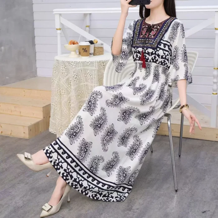 Women Dress Indian Loose Bohemian Korean Style Long Tassels Casual Vintage High Waist Round Neck Floral Robe Vestidos Para Mujer - Image 3
