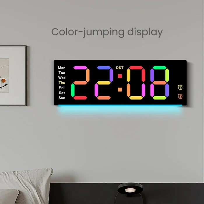 RGB Large Screen LED Living Room Wall Clock with Remote Control Ambient Light Color Changing Digital clock with 2 Alarms Timer - Image 3