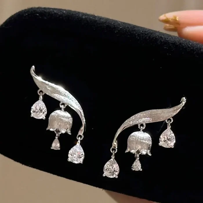 Original silver 925 brushed fresh lily of the valley earrings for women High quality water droplet diamond earings jewelry - Image 2