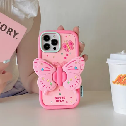 3D Butterfly Folding Bracket Phone Case For iPhone 16 15 13 14 11 12 Pro Max XR XS Max 6 7 8 Plus Soft Silicone Shockproof Cover
