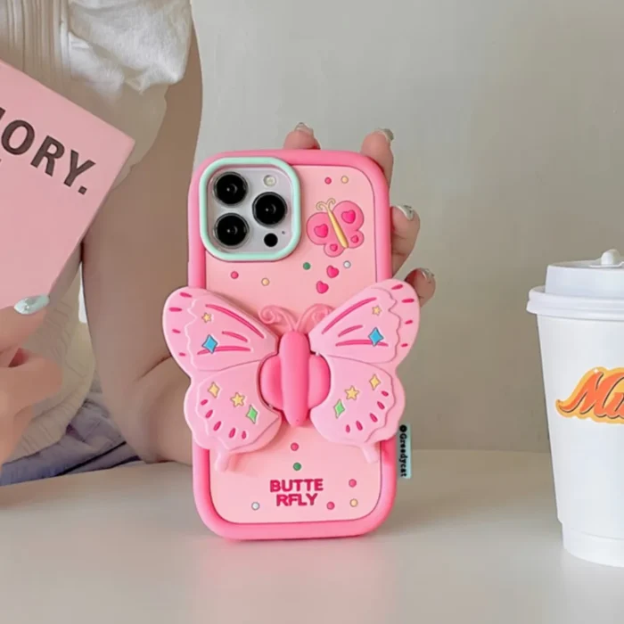 3D Butterfly Folding Bracket Phone Case For iPhone 16 15 13 14 11 12 Pro Max XR XS Max 6 7 8 Plus Soft Silicone Shockproof Cover - Image 1