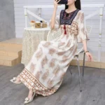 Women Dress Indian Loose Bohemian Korean Style Long Tassels Casual Vintage High Waist Round Neck Floral Robe Vestidos Para Mujer - Image 4