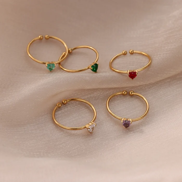 Zircon Heart Birthstone Rings For Women Gold Color Adjustable Stainless Steel Birthstone Heart Ring Wedding Jewelry Gift BFF - Image 6