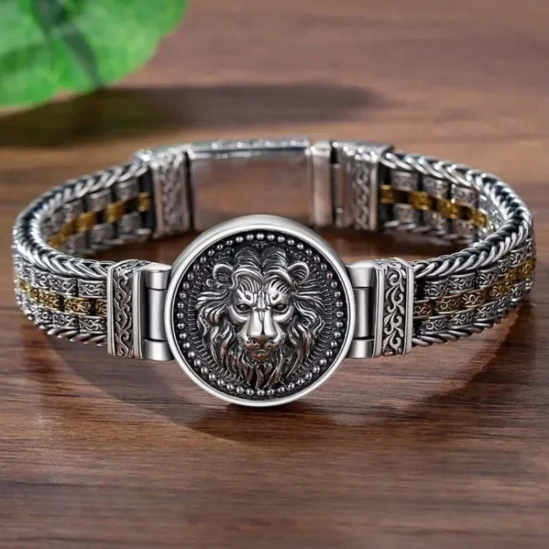 kf-S00dd4543ac654def866f48f0c59173cav New Silver Color Round Lion King Tangcao Charm Bracelet Men's Trendy Retro Domineering Versatile Personalized Braided Jewelry - Image 1