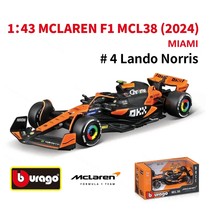 Bburago 1:43 2024 Mclaren MCL38 Miami Monaco F1 Formula Car Die Cast Vehicles Collectible Model Racing Toys - Image 1