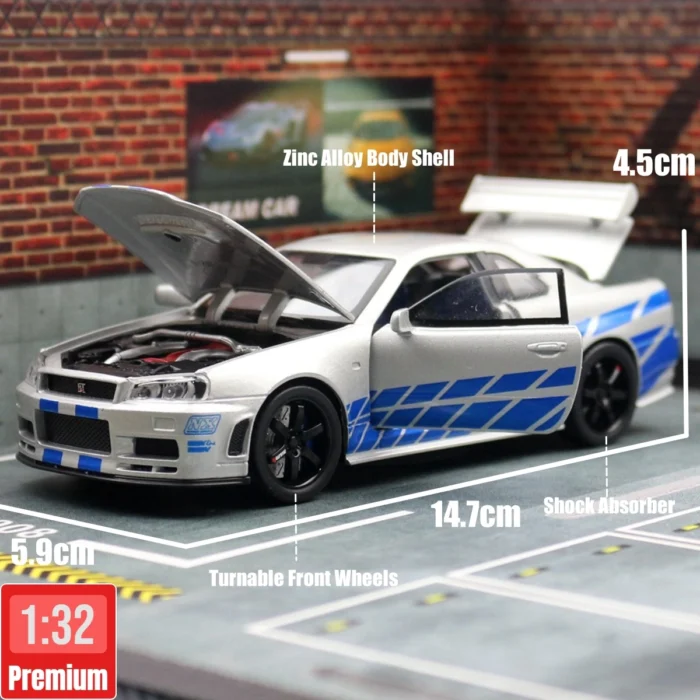 1/32 Nissan Skyline GTR R34 JDM Toy Car Model Diecast Vehicle Miniature Sound & Light Pull Back Collection Gift Children Boy - Image 2