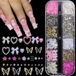 12Grids-Box Mixed 3d Alloy Hollow Butterfly Nail Charms With Mini Acrylic Flower+Round Diamond Nail Art DIY Manicure Supplies - Image 3