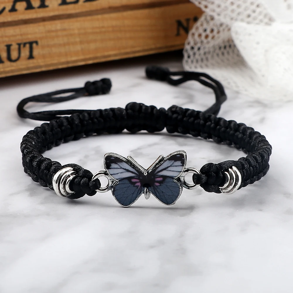 kf-S1da5ff366bbe46daa32a08e0e00d9f9cI Hot Gray Butterfly Fashion Bracelet Classic Black White Braided Rope Chain Handmade Bracelets for Women Men Adjustable Jewelry - Image 1