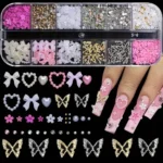 12Grids-Box Mixed 3d Alloy Hollow Butterfly Nail Charms With Mini Acrylic Flower+Round Diamond Nail Art DIY Manicure Supplies - Image 4
