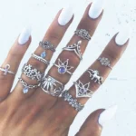 New Bohemian Hollow Carved Crystal Ring Set Flower Sunflower Moon Sun Vintage Water Drop Ring Fashion Jewelry for Women Gifts - Image 5