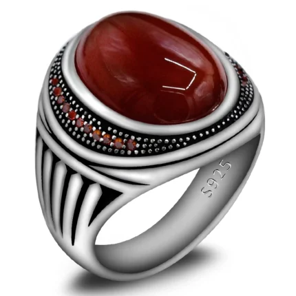 Natural Red Agate S925 Silver Handmade Men's Ring - Jewelry Accessory