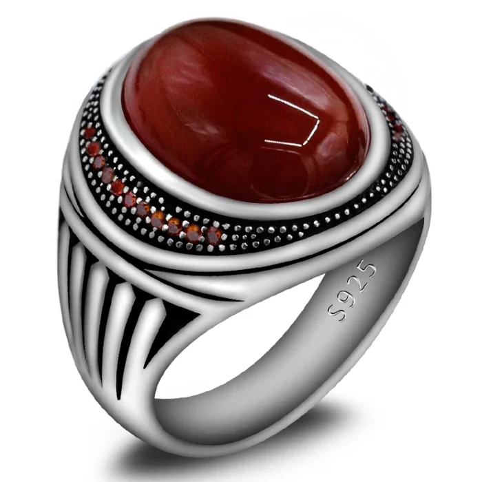 Natural Red Agate S925 Silver Handmade Men's Ring - Jewelry Accessory - Image 1