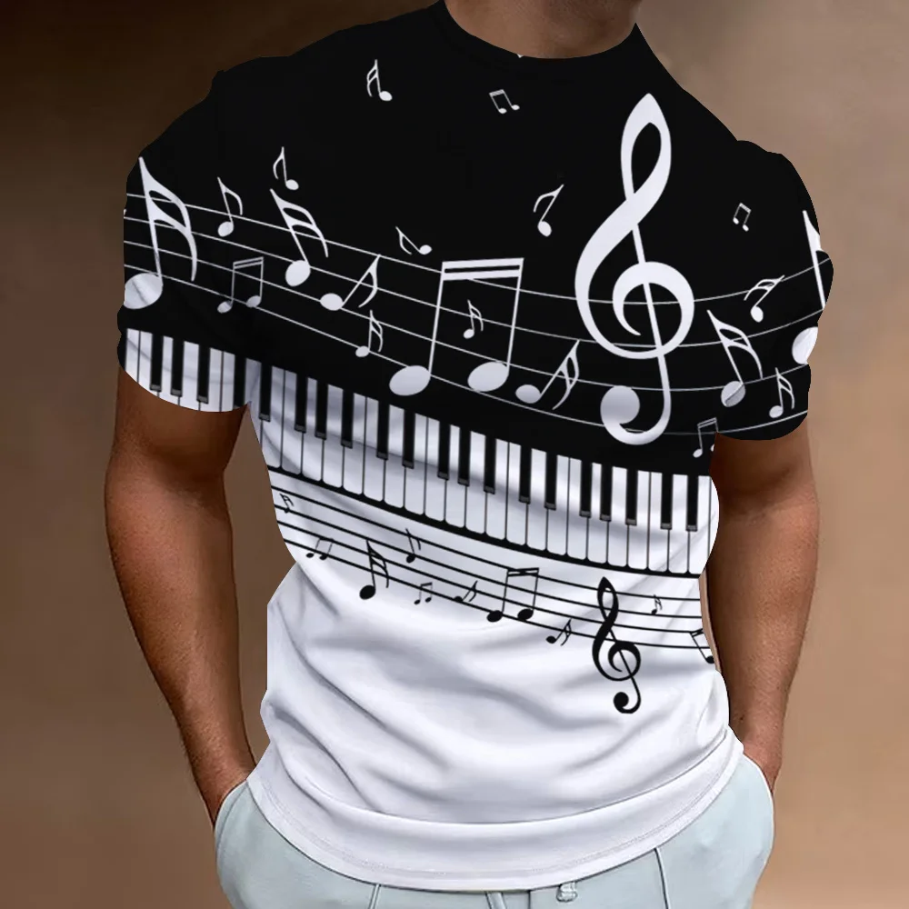kf-S5176a286d9fc4ef1b939b15654108d64H Retro Men'S T-Shirt 3d Music Notes Printed Men Clothing Daily Casual Short Sleeve Street Designer Tees Top Loose Oversized Shirt - Image 1
