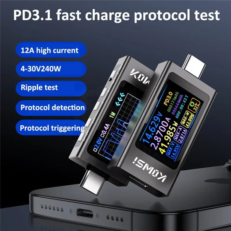kf-S83d6623510424b06a0a6495f1a7abf096 KWS-X1 4V-30V 12A Type C Tester Voltmeter Ammeter TYPE-C Fast Charge Detection Trigger Capacity Measurement Ripple Measurement - Image 5