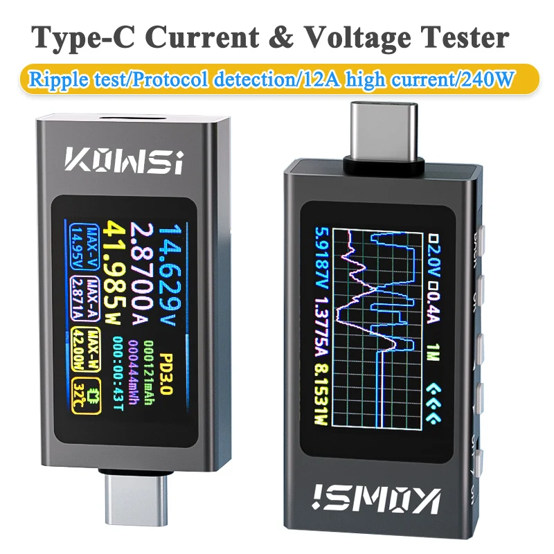kf-S9149f8a02df54925b6e678094ed5f2068 KWS-X1 4V-30V 12A Type C Tester Voltmeter Ammeter TYPE-C Fast Charge Detection Trigger Capacity Measurement Ripple Measurement - Image 1