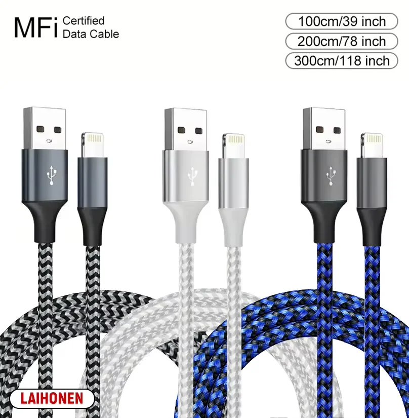 kf-S9f98ad1d82484ff09423e70392bb7241k LAIHONEN Nylon Braided USB A To Lightning MFi Certified 1m 2m 3m Cable for iPhone 11 12 13 14 Pro XS Max XR X 6S 7 8 Plus SE - Image 1