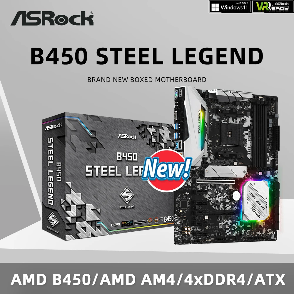 kf-Sb116b123890a48e787a898a70fc32424c ASRock Brand New B450 STEEL LEGEND Motherboard Support Ryzen 5 5600 5600G R7 5700X3D 5800X CPU 4xDDR4 HDMI M.2 ATX AM4 Mainboard - Image 1