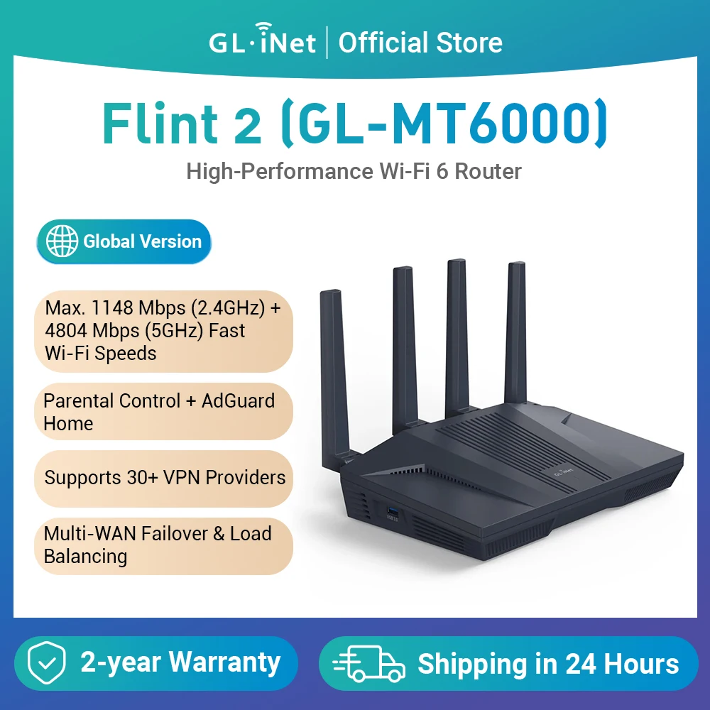 kf-Scbd41d5bcf744c4f91dfd7b1344503ffs GL.iNet Flint 2 (GL-MT6000) home and office router, 8-Stream Wi-Fi 6 technology,OpenWrt,2.5G Ethernet ports,Parental control - Image 1