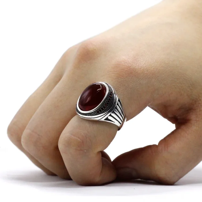 Natural Red Agate S925 Silver Handmade Men's Ring - Jewelry Accessory - Image 5