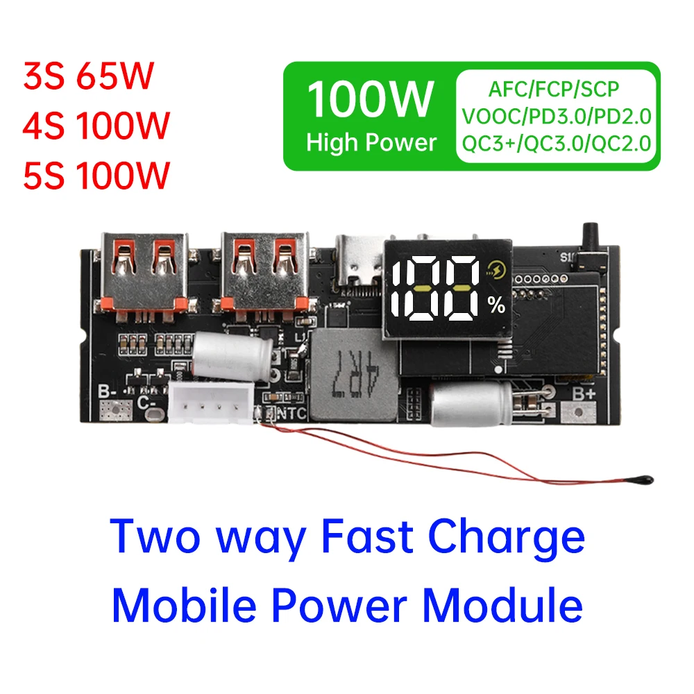 kf-Sdf15002e716b42d09ebe673e3f0c9caeM QC3.0 PD2.0 LED 4 Port USB 3S 4S 5S 65W 100W Micro/Type-C USB Mobile Power Bank 18650 Charging Module Circuit Protection - Image 3