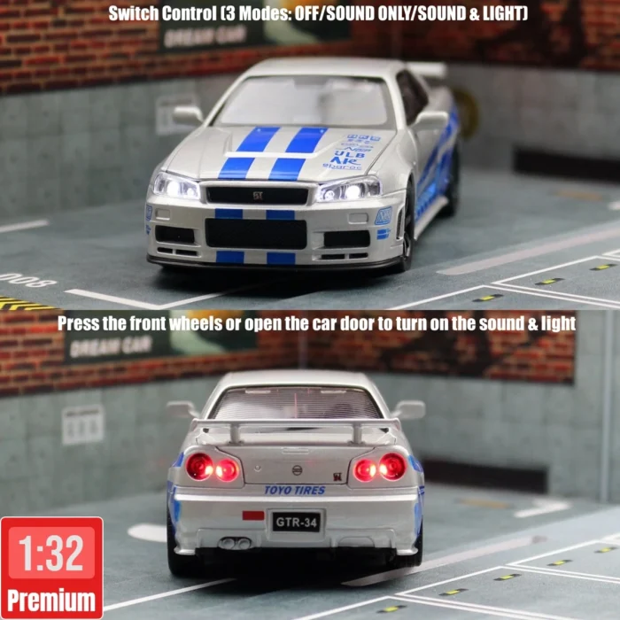 1/32 Nissan Skyline GTR R34 JDM Toy Car Model Diecast Vehicle Miniature Sound & Light Pull Back Collection Gift Children Boy - Image 3