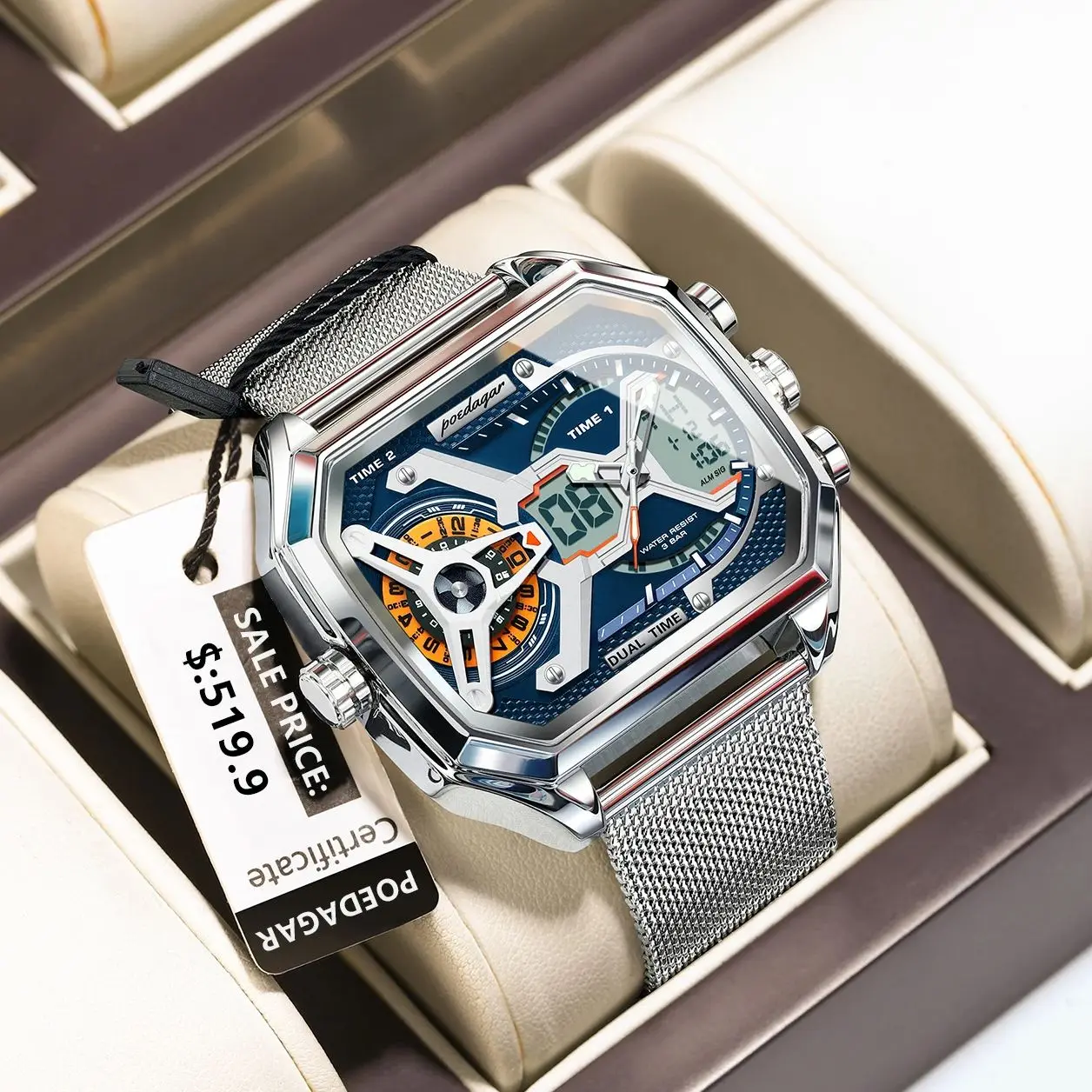 kf-Sefeb051b30ae437cb312fc34571629cf2 POEDAGAR Top Fashion Men Clock Rectangle Waterproof Date Week LED Man Watch Electronic Mesh Stainless Steel Quartz Men's Watches - Image 1