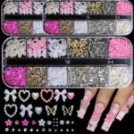 12Grids-Box Mixed 3d Alloy Hollow Butterfly Nail Charms With Mini Acrylic Flower+Round Diamond Nail Art DIY Manicure Supplies