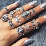 New Bohemian Hollow Carved Crystal Ring Set Flower Sunflower Moon Sun Vintage Water Drop Ring Fashion Jewelry for Women Gifts - Image 2