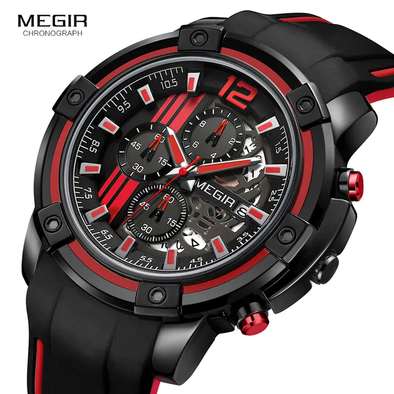 kf-HTB1kfyeXojrK1RkHFNRq6ySvpXam Megir Men's Sports Quartz Watches Army Military Chronograph Wristwatch for Man Luminous Relogios Masculino Clock 2097 Black Red - Image 1