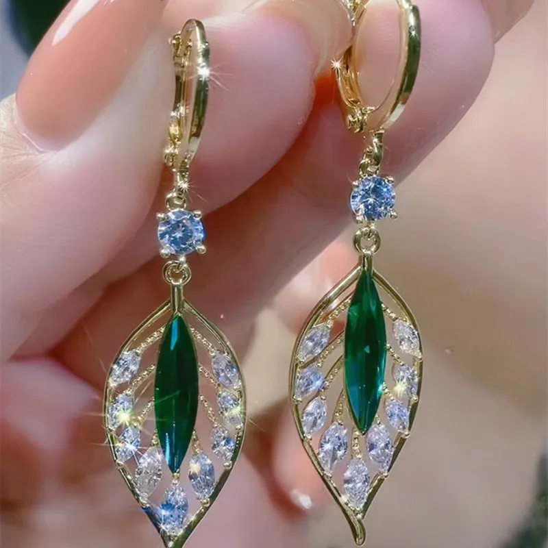 kf-S0f5dea0c23e74f828ee1c72599acee555 Green Crystal Golden Leaves Earrings for Women Individuality Daily Accessories Valentines Day Anniversary Birthday Jewelry Gifts - Image 1