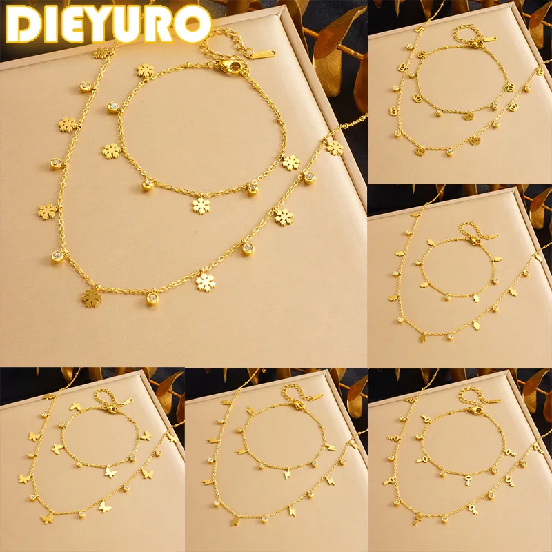 kf-S14dad8a4b223414f8bcb17ec4366ba10K DIEYURO 316L Stainless Steel Golden Snowflake Butterfly Crown Key Lightning Zircon Necklace Bracelet Set Trend Jewelry Sets Gift - Image 1