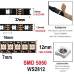WS2812B 5050 RGBIC Smart LED Strip WS2812 Individually Addressable IC 30/60/144Pixels/Leds/m Light DC5V Black IP30/67 Waterproof - Image 2
