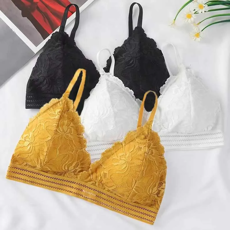 kf-S228d3a6970d4434e8e2c39b36de552c1Z Lace Triangular Cup Suspender Bra Thin Cup Without Steel Ring Sexy Beautiful Back Breathable Bra Detachable Chest Pad - Image 1