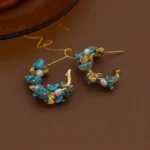 French new design retro jewelry 14K gold plated blue stone freshwater pearl wrap earrings elegant women's daily work accessories - Image 6